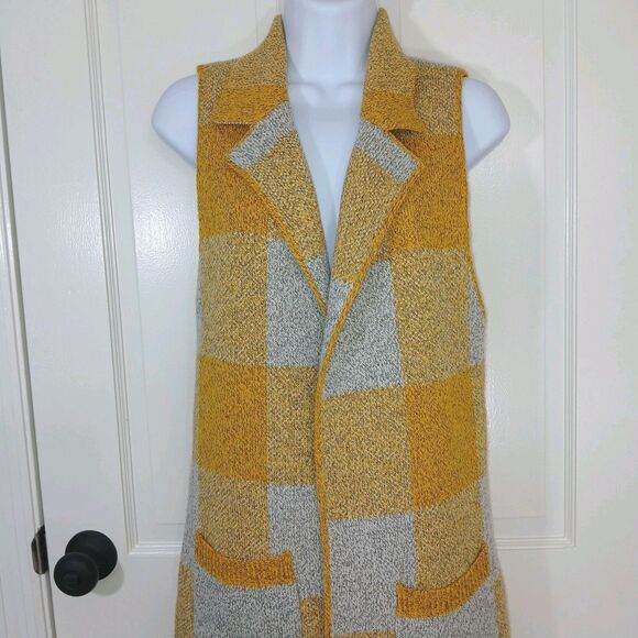 MONTEAU Los Angeles Women's S Yellow Gray Plaid Sleeveless Long Sweater Vest - Picture 3 of 16